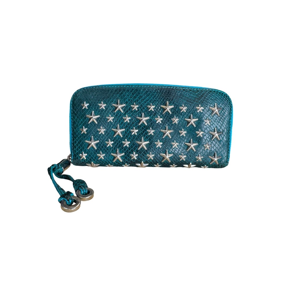 Jimmy Choo Star Studded Teal Snakeskin Leather Zip Around Wallet